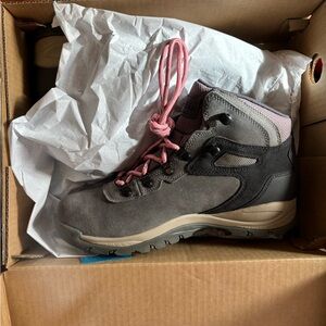 Columbia Gray and Pink Combat Boots with Sturdy Sole and Mid Height Design